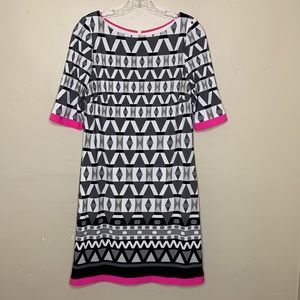 ELIZA J Dress Black Gray Geometric Print Half Sleeve Shift Style EJ6M1094   SZ 8